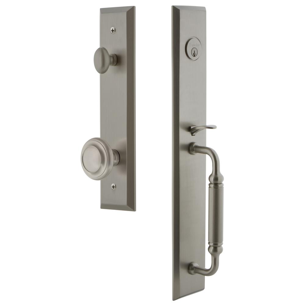Grandeur by Nostalgic Warehouse FAVCGRCIR Fifth Avenue One-Piece Handleset with C Grip and Circulaire Knob in Satin Nickel